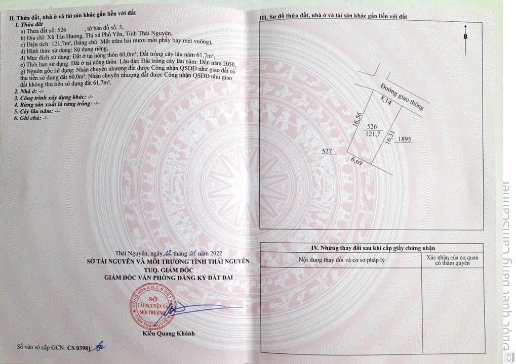 Đất thổ cư Tân Hương Phổ Yên 121m² giá 600 triệu - Đầu tư sinh lời ngay!