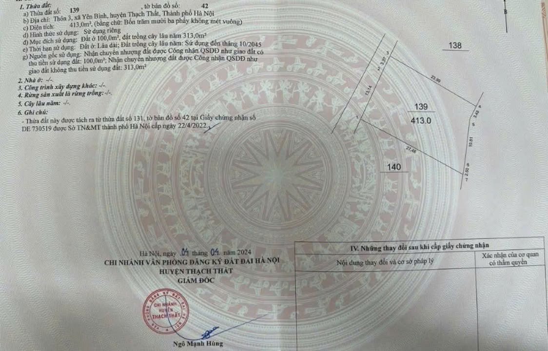 Đất nền Yên Bình, Thạch Thất 413m² chỉ 3.715 tỷ - Sổ hồng chính chủ!