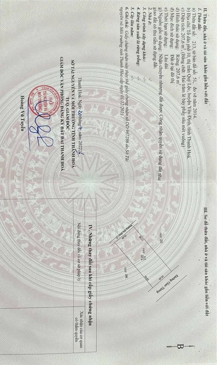 Đất nền chính chủ tại xã Quý Lộc, huyện Yên Định, Thanh Hóa - Diện tích 207,6m², bán gấp!