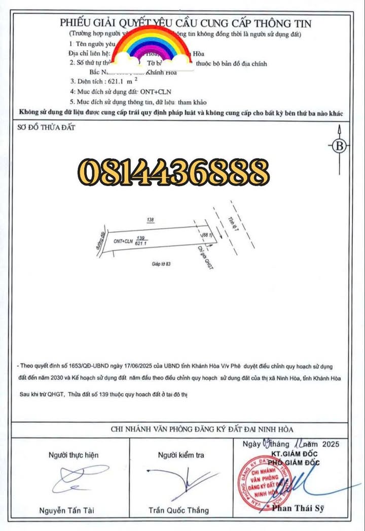 Đất mặt tiền đường Tỉnh Lộ 7, Bắc Ninh Hòa 621m² - Sổ đỏ chính chủ, giá tốt!