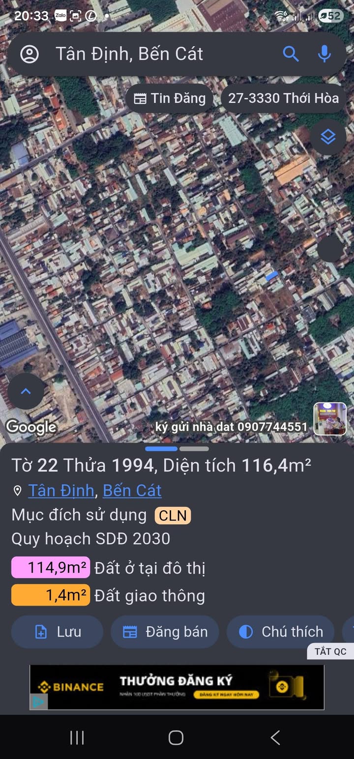 Đất thổ cư Tân Định, Bến Cát 115m² giá 1.8 tỷ - Vị trí đẹp kinh doanh!