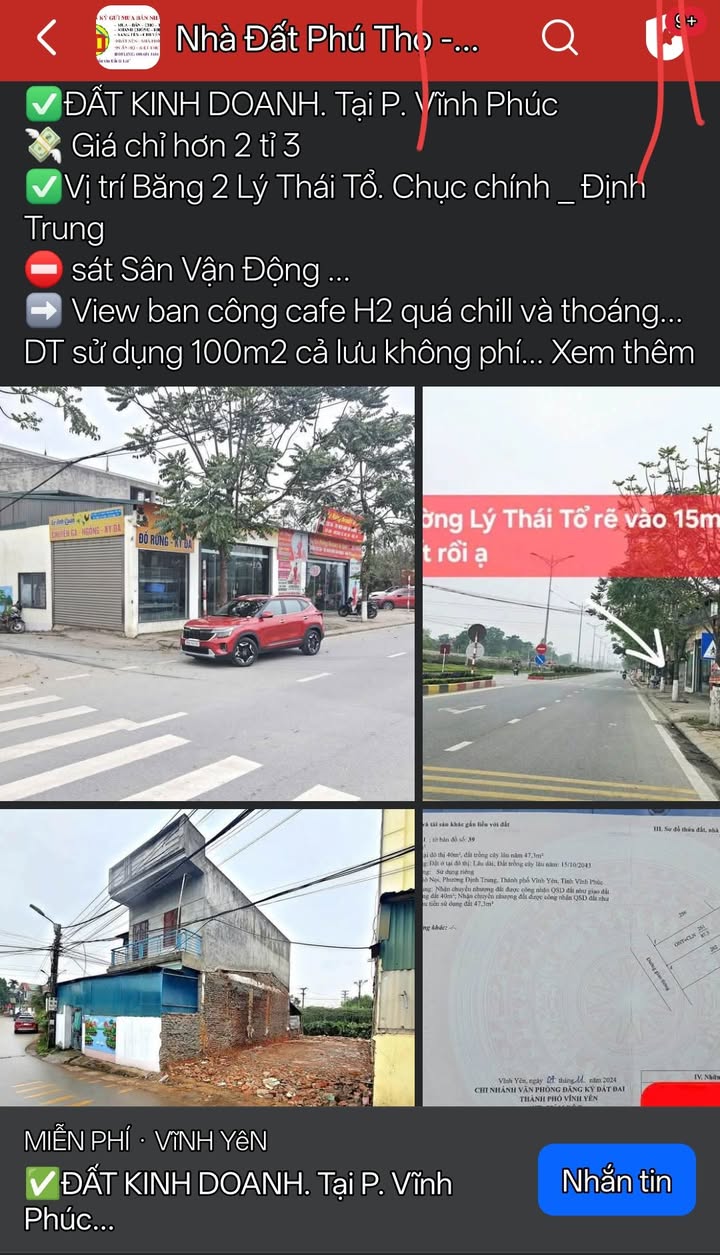 Đất kinh doanh mặt tiền đường Lý Thái Tổ, Vĩnh Phúc 100m² giá 2.3 tỷ - Đầu tư sinh lời ngay!