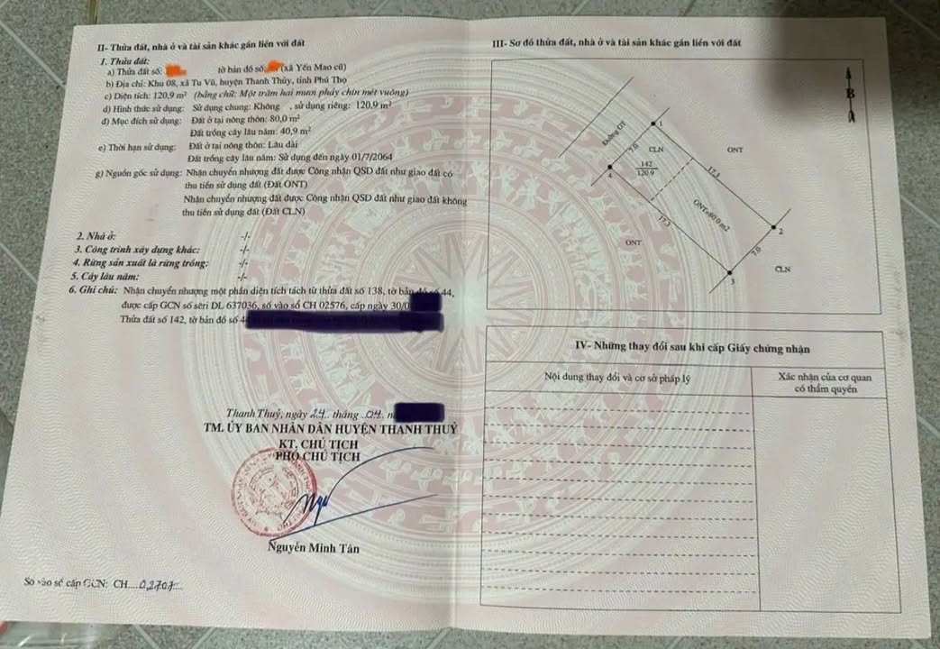 Đất nền xã Tu Vũ, huyện Thanh Thủy 120,9m² giá 700 triệu - Sổ đỏ chính chủ