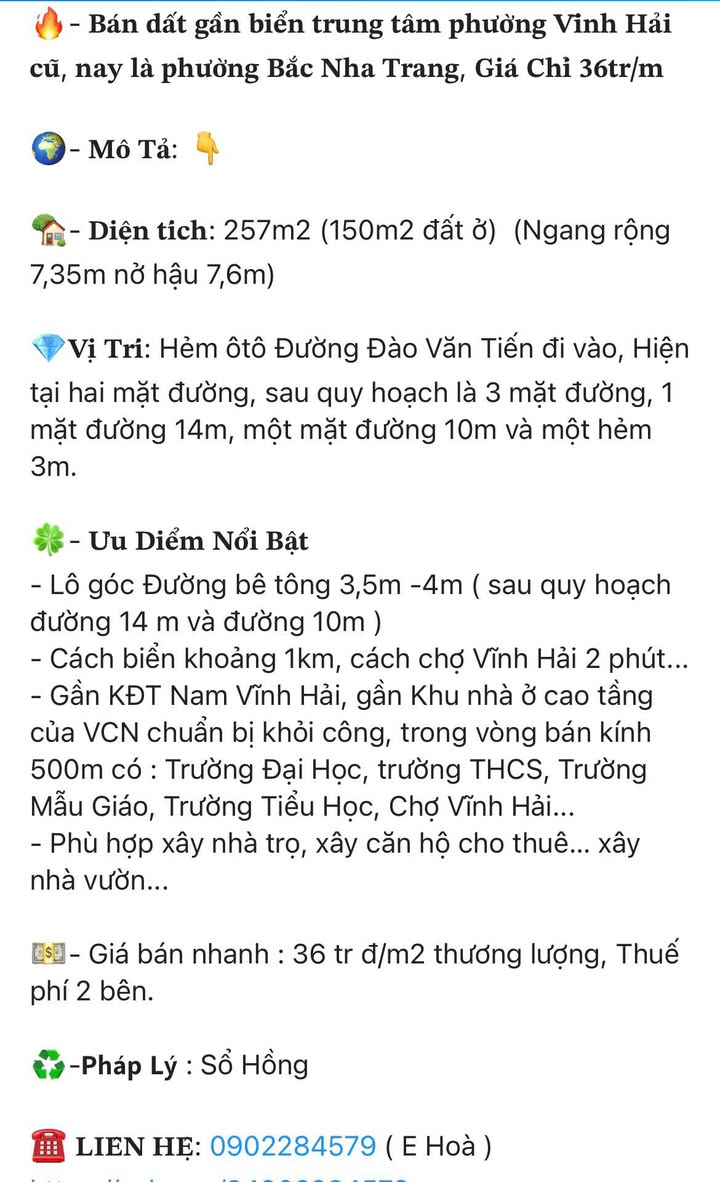 Đất nền gần biển Vĩnh Hải, Nha Trang 257m² giá 9,25 tỷ - Cơ hội đầu tư hấp dẫn!