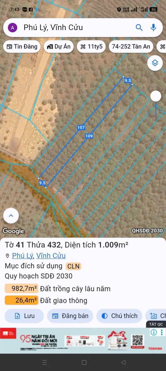 Đất nền Phú Lý Vĩnh Cửu 1009m² giá 550 triệu - Cơ hội đầu tư tốt!