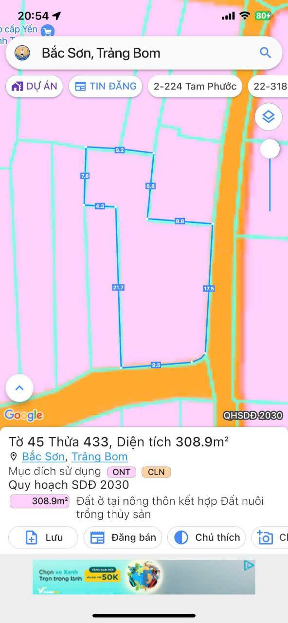 Đất nền 2 mặt tiền đường Bắc Sơn, Trảng Bom 308.9m² giá 2.55 tỷ - Sổ hồng riêng chính chủ!