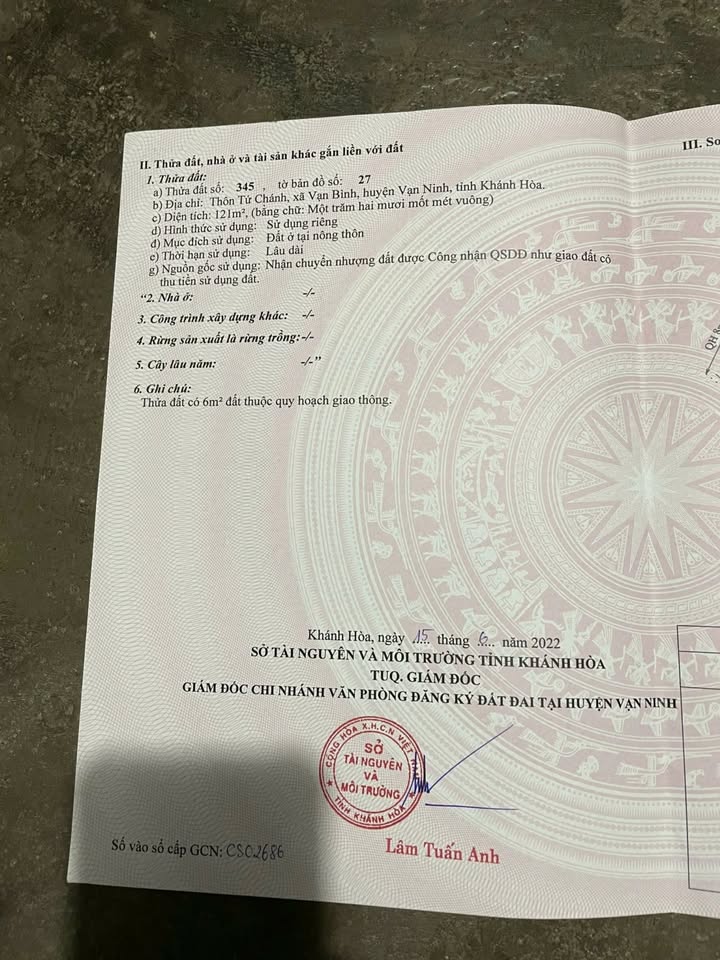 Đất thổ cư 121m² tại Thôn Tứ Chánh, Vạn Bình - Giá chỉ 800 triệu!