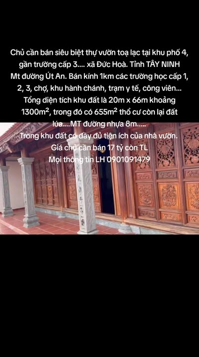 Biệt thự vườn khu phố 4, Đức Hòa, Tây Ninh 1300m² - Chính chủ cần bán gấp!