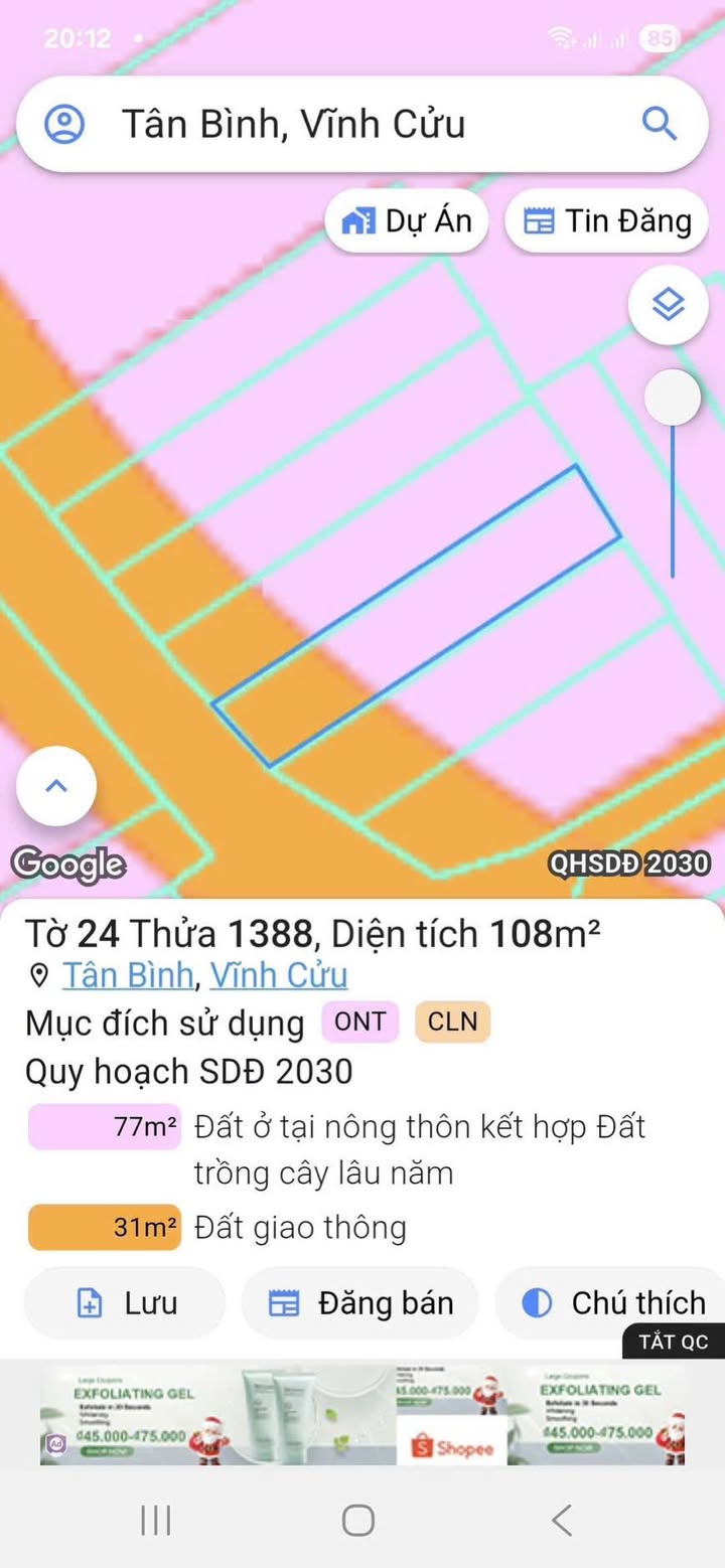 Đất thổ cư Tân Bình Vĩnh Cửu 108m² giá 2.15 tỷ - Khu dân cư sầm uất!