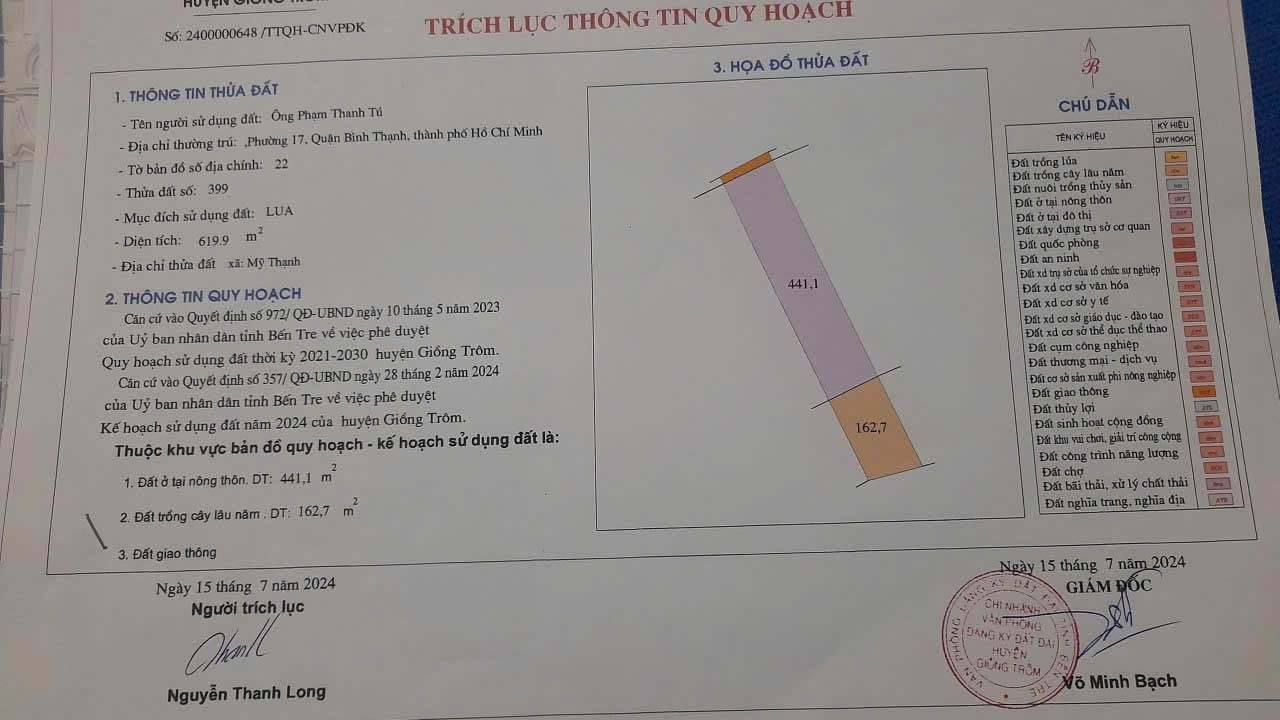 Đất nền Mỹ Thạnh, Giồng Trôm 620m² giá 700 triệu - Khu dân cư sầm uất