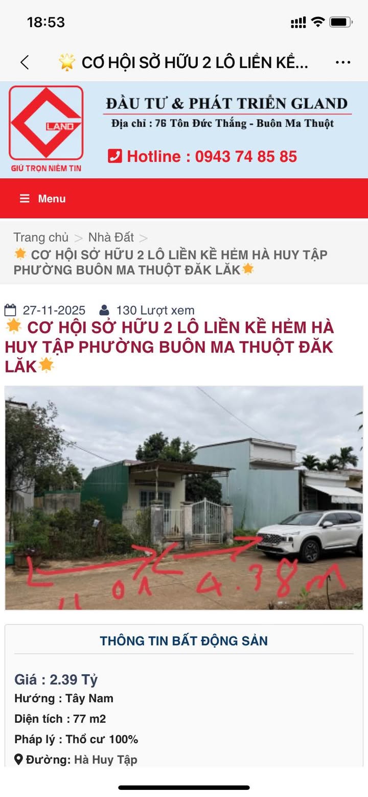 Đất liền kề hẻm Hà Huy Tập, Buôn Ma Thuột 76m² giá 2.39 tỷ - Cơ hội đầu tư hấp dẫn!