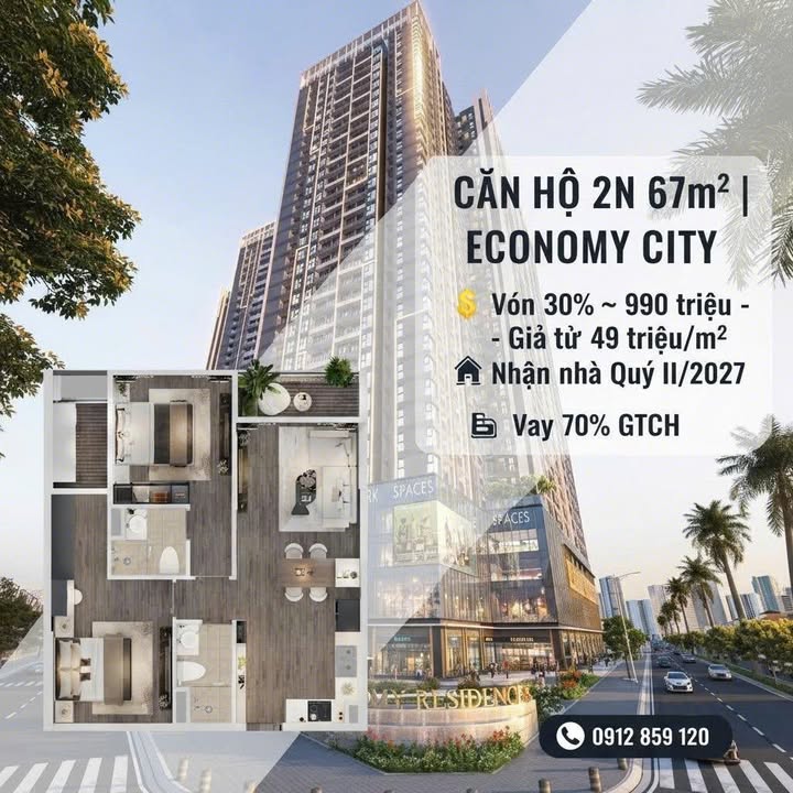 Căn hộ 2PN Economy City 67m² giá 3.3 tỷ - Cơ hội vàng cho nhà đầu tư!