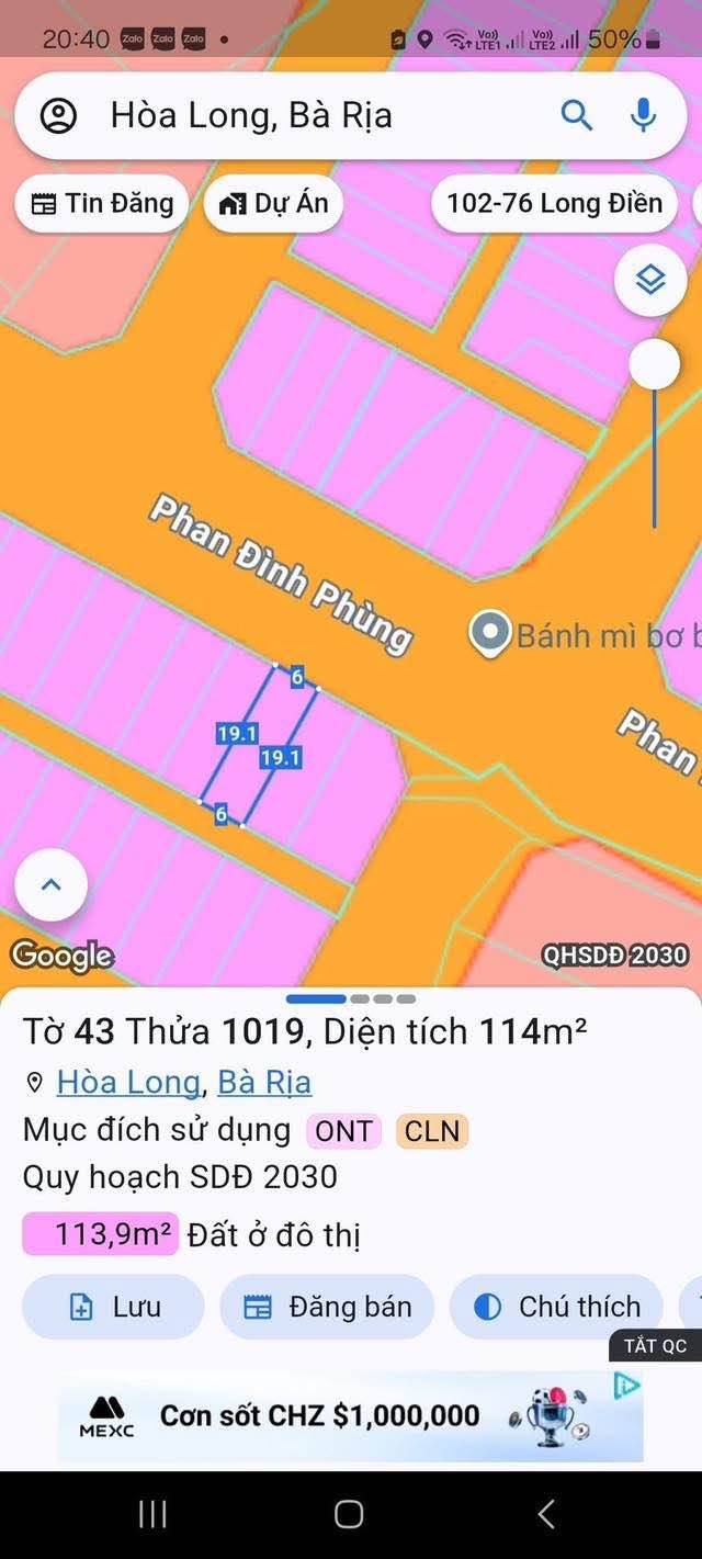 Đất thổ cư Hòa Long, Bà Rịa 114m² giá 2.6 tỷ - Mặt tiền đường Phan Đình Phùng