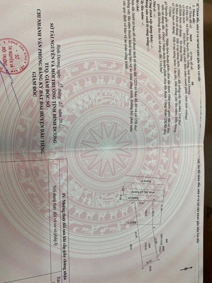 Đất thổ cư mặt tiền ĐT 744, Dầu Tiếng, 744m² chỉ 1.1 tỷ - Cơ hội đầu tư tuyệt vời!