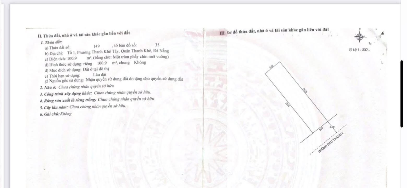 Bán lô đất mặt tiền đường Bàu Trảng 6, Thanh Khê, Đà Nẵng - 100m² giá 5.5 tỷ - Đầu tư lý tưởng!