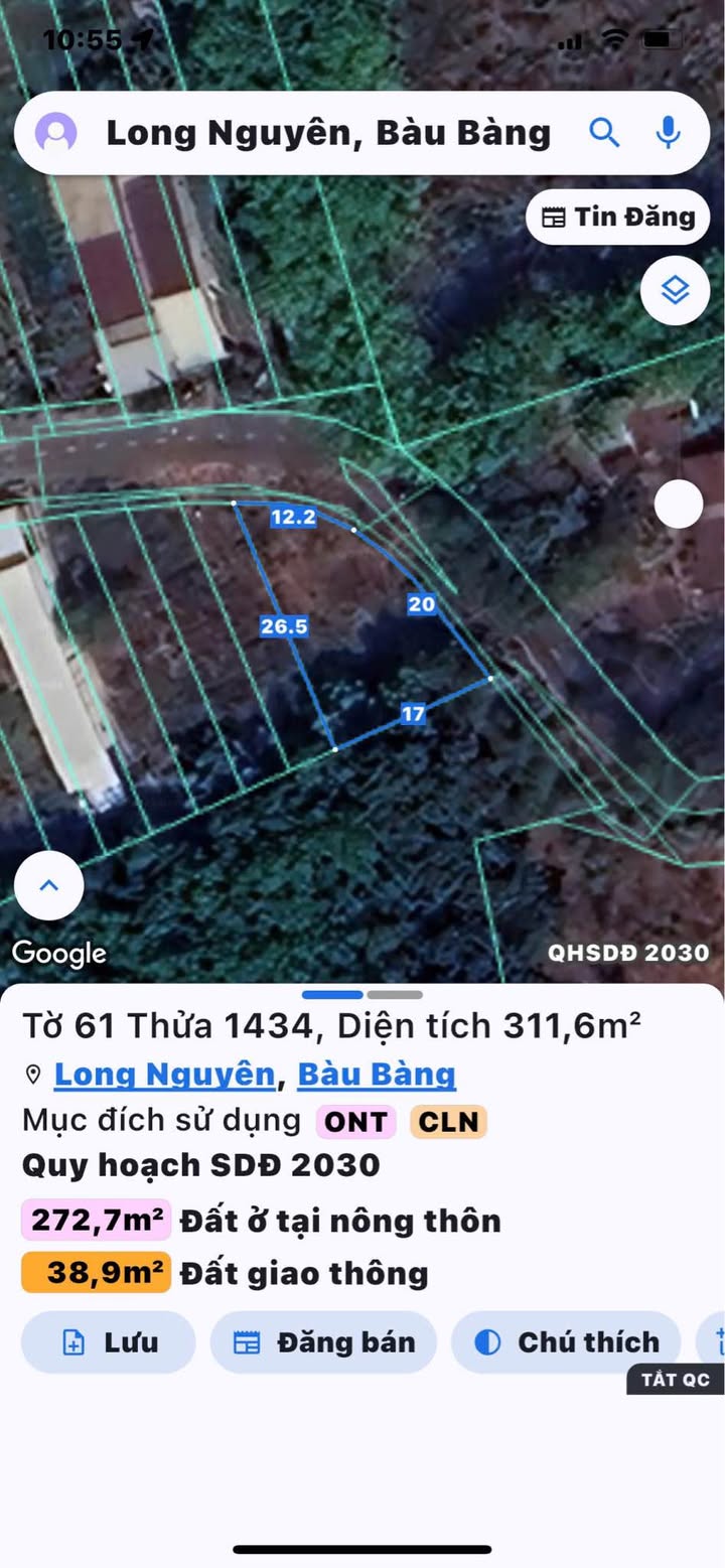 Đất thổ cư Long Nguyên Bàu Bàng 311m² giá 1 tỷ - Mặt tiền đường nhựa, chính chủ bán gấp!