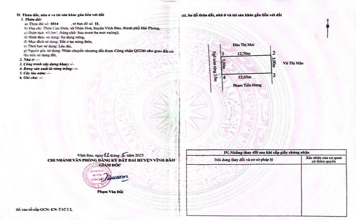 Đất Nhân Hòa Vĩnh Bảo 63m² giá 600 triệu - Vị trí đắc địa gần chợ