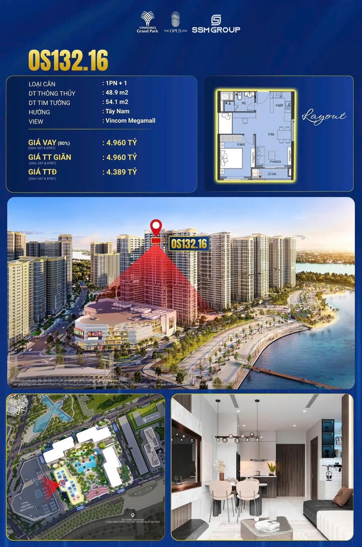 Căn hộ Opus One Quận 9 48.9m² giá 4.389 tỷ - View Vincom Megamall tuyệt đẹp!