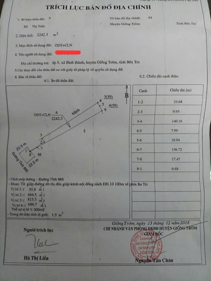 Đất mặt tiền Trương Vĩnh Trọng, Giồng Trôm 2242m² giá 2.5 tỷ - Kinh doanh đa ngành nghề