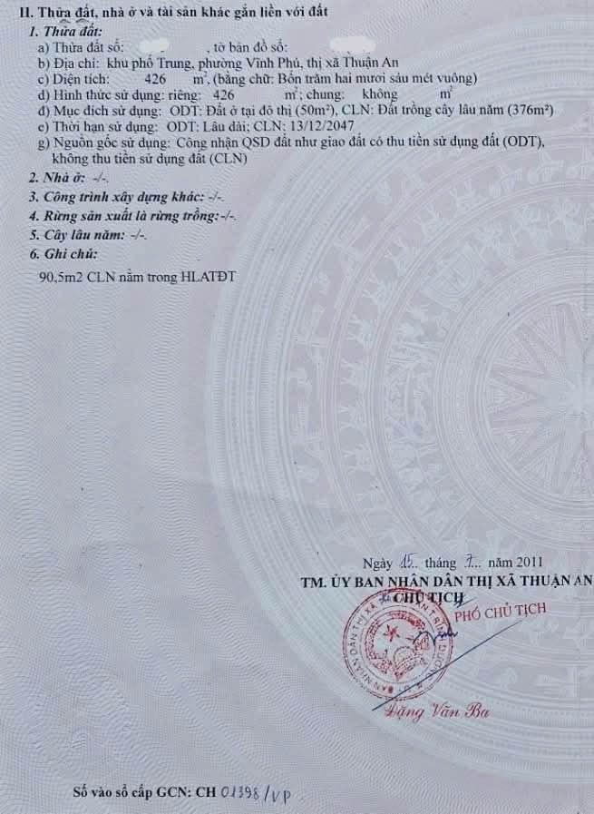 Đất thổ cư 426m² Vĩnh Phú, Thuận An giá 5.2 tỷ - Thương lượng linh hoạt!