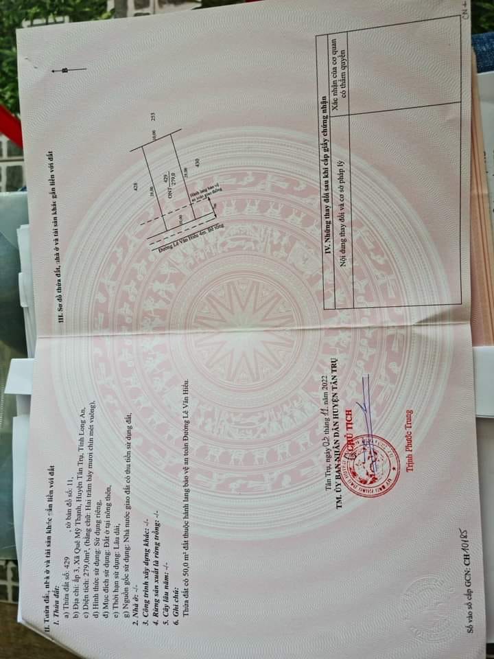 Đất thổ cư xã Quê Mỹ Thạnh, Tân Trụ 280m² giá 1.1 tỷ - Đầu tư sinh lời hiệu quả!