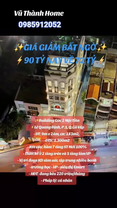 Building góc 2MT Lê Quang Định, P.1, Q.Gò Vấp 183m² giá 72 tỷ - Kinh doanh sầm uất!