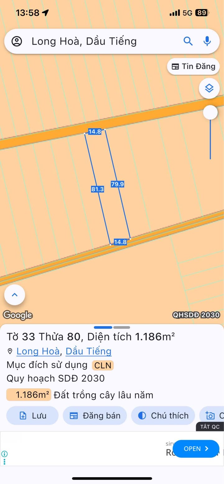 Đất nền 2 mặt tiền Long Hòa, Dầu Tiếng 1200m² giá 400 triệu - Cơ hội đầu tư hấp dẫn!