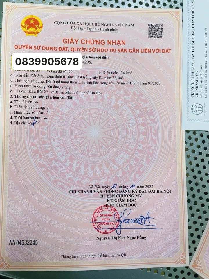 Đất nền xã Xuân Mai, Quốc Oai 134m² giá chỉ 1 tỷ - Sổ đỏ chính chủ!