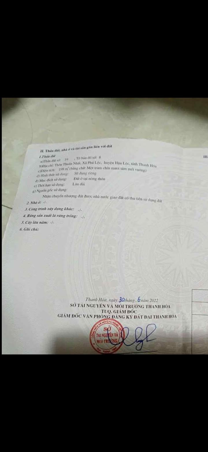 Lô đất thổ cư 198m² tại Thuần Lộc, Hậu Lộc - Hướng Đông Bắc, giá thỏa thuận!