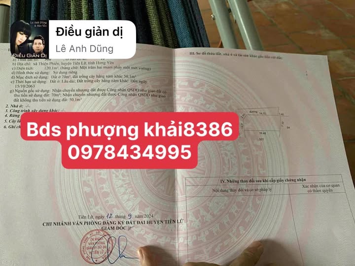 Đất nền 120m² xã Thiện Phiến - Giá 1.5 tỷ, vị trí đắc địa!