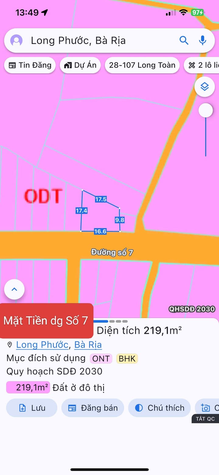 Bán lô biệt thự mặt tiền đường Số 7, Long Phước 219m² giá 2.65 tỷ - Sổ hồng riêng
