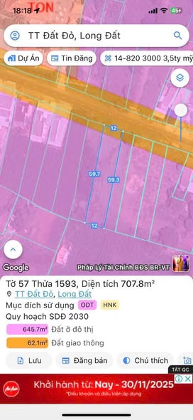 Đất mặt tiền Nguyễn Huệ Đất Đỏ 707m² giá 3.2 tỷ - Cơ hội đầu tư tuyệt vời!