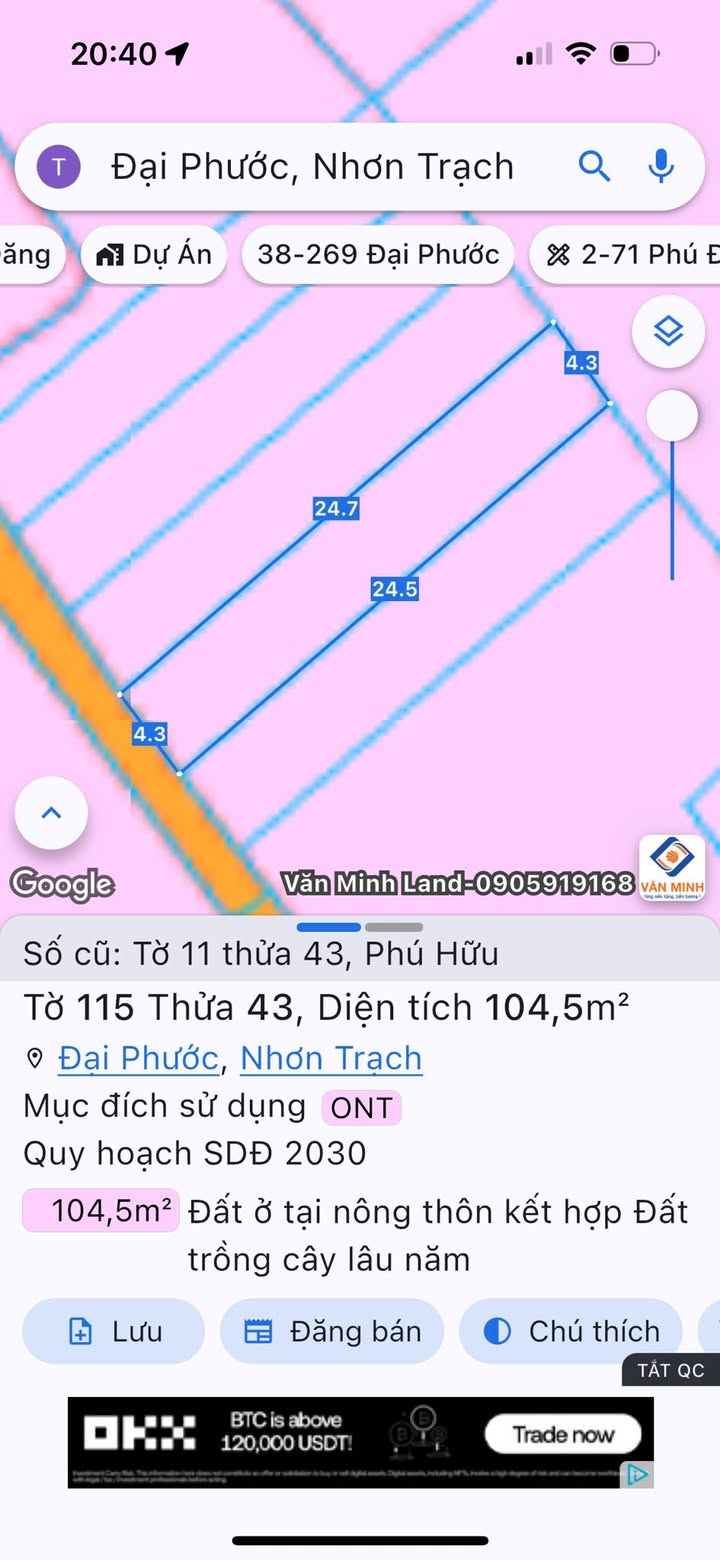 Đất nền xã Đại Phước, Nhơn Trạch 104m² giá 1.85 tỷ - Bán gấp trong tuần!