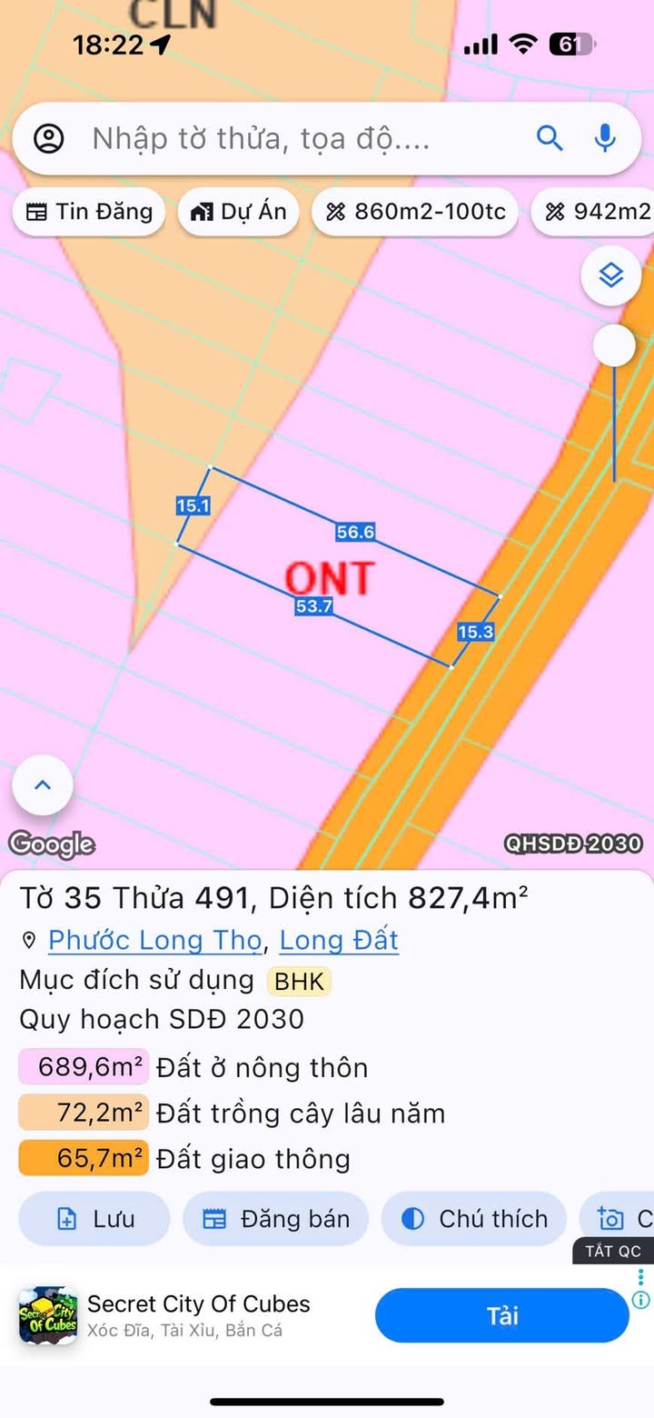Đất nền mặt tiền đường Tháp Nước, xã Đất Đỏ 827m² giá 3.35 tỷ - Cơ hội đầu tư lý tưởng!