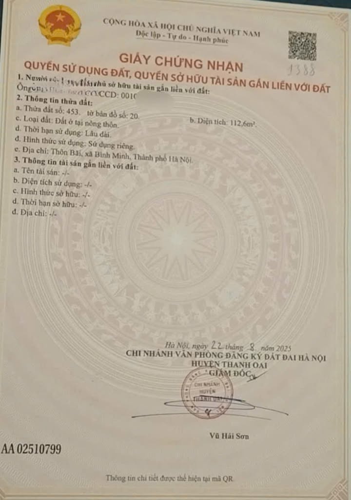 Đất nền Bình Minh, Thanh Oai 112.6m² giá 3 tỷ - Đường ô tô thông thoáng!