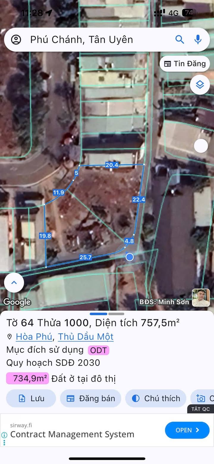 Bán đất Hòa Phú Thủ Dầu Một 757m² giá 18 tỷ - Mặt tiền đường nhựa 10m