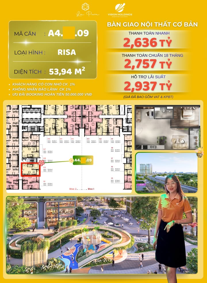 Căn hộ RISA BY LA PURA Bình Hòa 53m² giá thỏa thuận - View nội khu đẹp mắt!