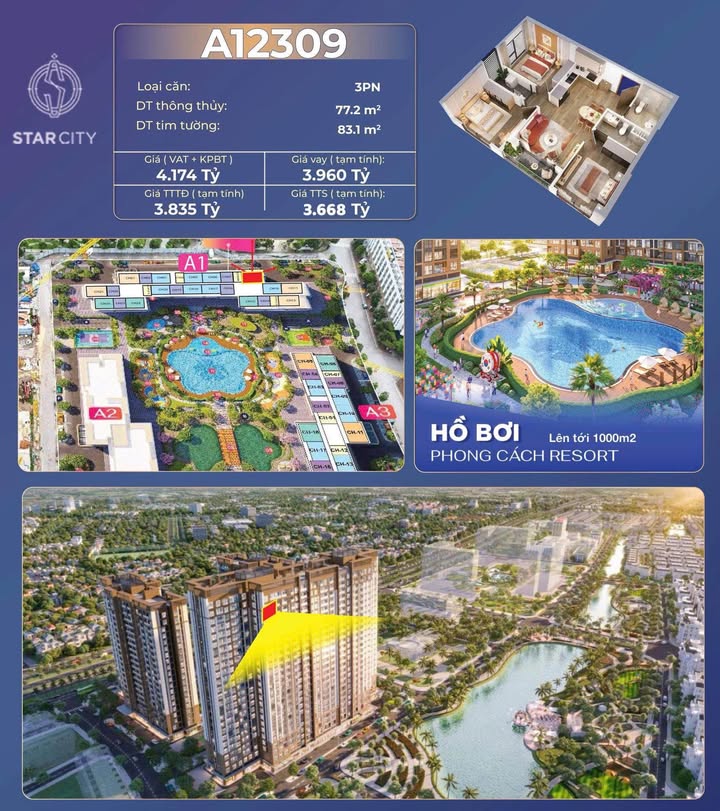Căn hộ A1 Vinhomes Star City Thanh Hóa 77m² giá 3.6 tỷ - View hồ tuyệt đẹp!