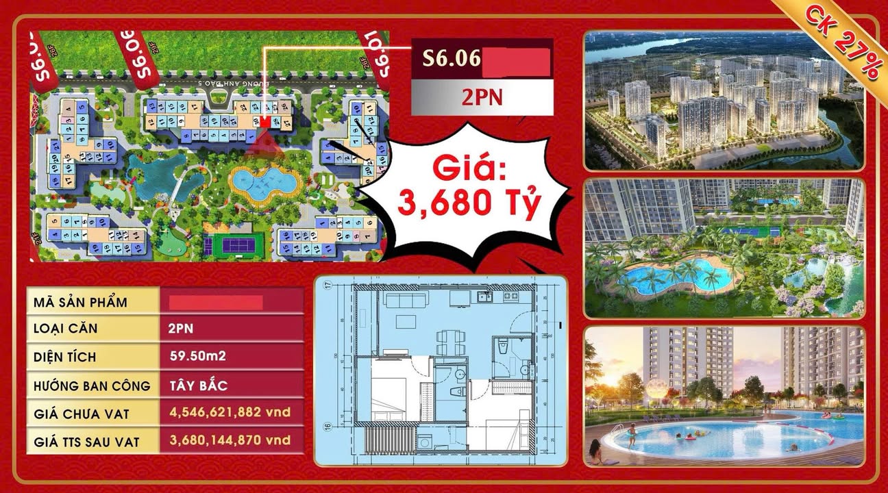 Căn hộ 2PN khu Origami quận 9 59m² giá 3.68 tỷ - View nội khu thoáng mát!