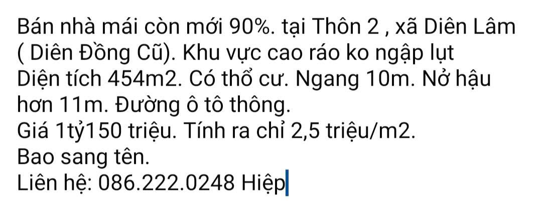 Đất thổ cư Thôn 2, Xã Diên Đồng, 454m² chỉ 1.15 tỷ - Giá tốt hiếm có!