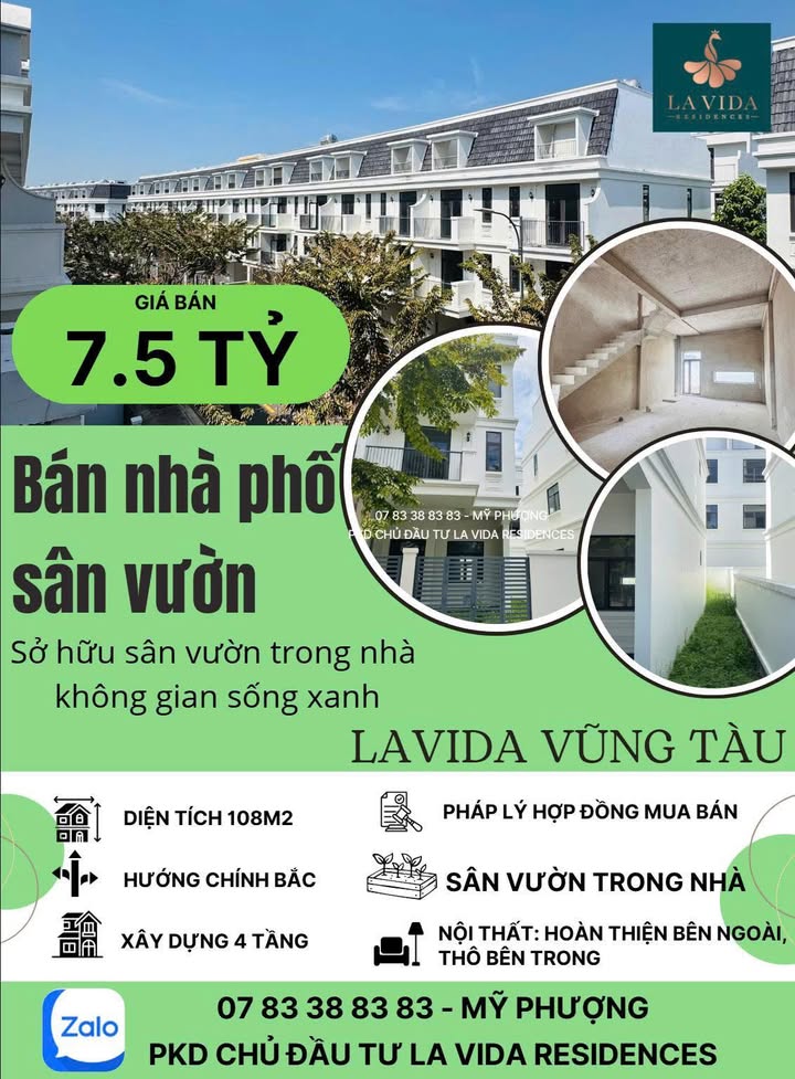 Nhà phố La Vida Vũng Tàu 108m² giá 7.5 tỷ - Sân vườn riêng tư tuyệt đẹp!
