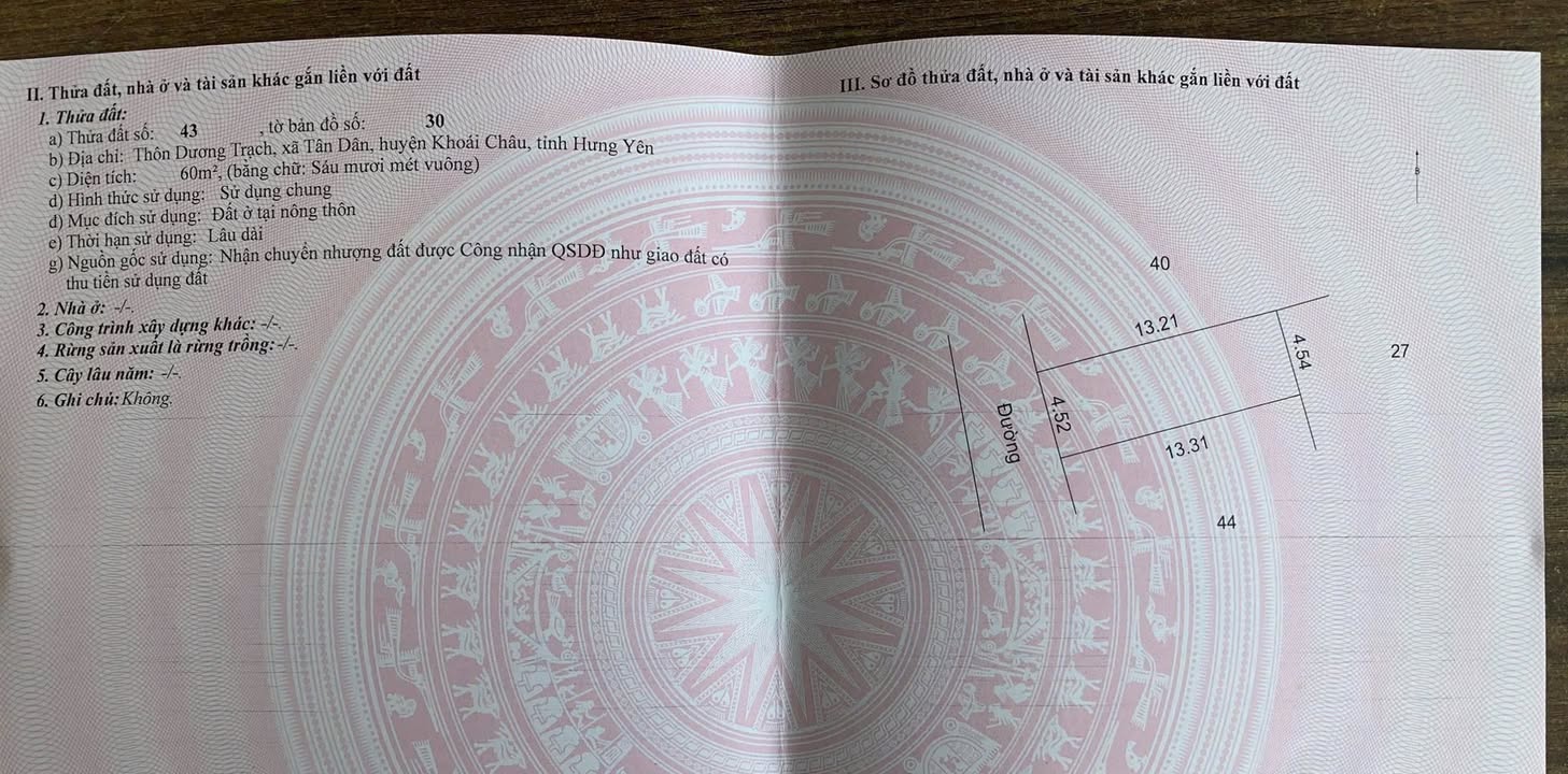 Đất chính chủ thôn Dương Trạch, Khoái Châu 60m² chỉ 1.8 tỷ - Đường ô tô tránh nhau!