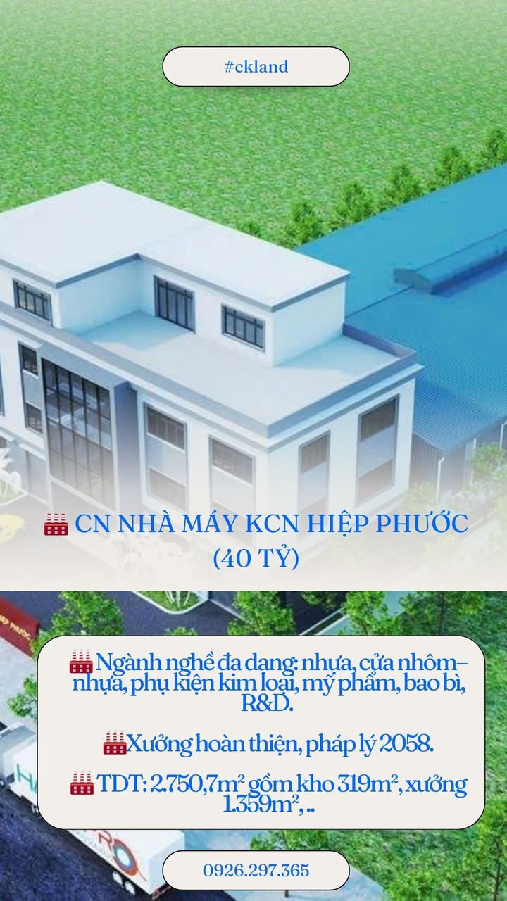 Nhà máy KCN Hiệp Phước quận Nhà Bè 2750m² giá 40 tỷ - Cơ hội đầu tư hấp dẫn!