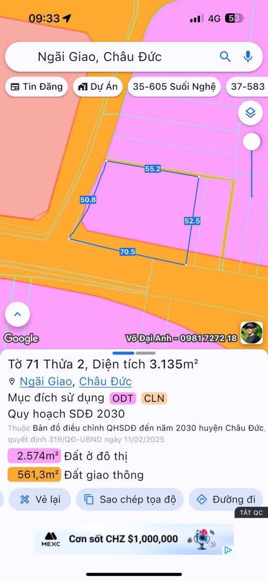 Đất nền Lô góc 3 mặt tiền đường Mỹ Xuân - Ngãi Giao 14.000m² giá 22 tỷ - Đầu tư sinh lời lý tưởng!