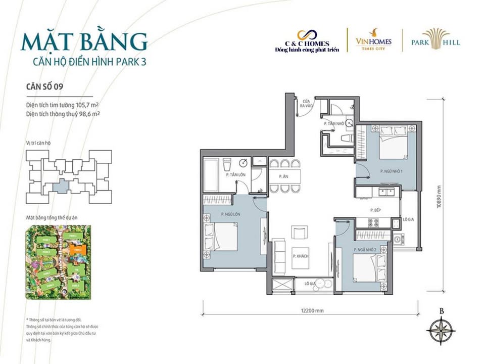 Căn hộ Park 3 Times City 106m² giá thỏa thuận - Ban công Nam view bể bơi