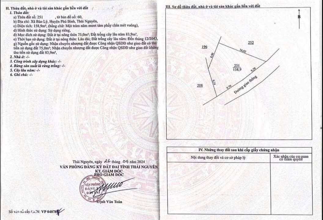 Đất thổ cư 158m² xã Bảo Lý, huyện Phú Bình - Gần khu công nghiệp 900ha