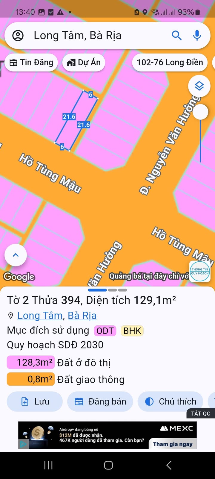 Đất nền đường Hồ Tùng Mậu, phường Long Tâm, 129m² giá 3.85 tỷ - Pháp lý rõ ràng, không vướng phong thủy!