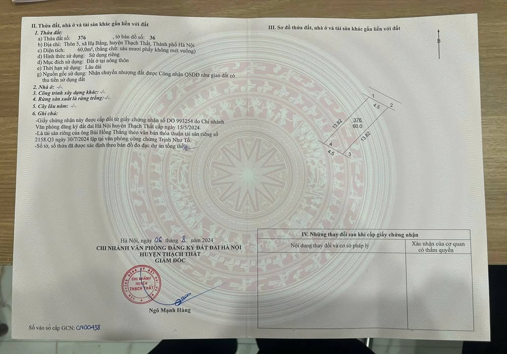 Đất thổ cư 60m² tại thôn 5 Hạ Bằng - Giá 20 tỷ, ô tô vào tận đất!