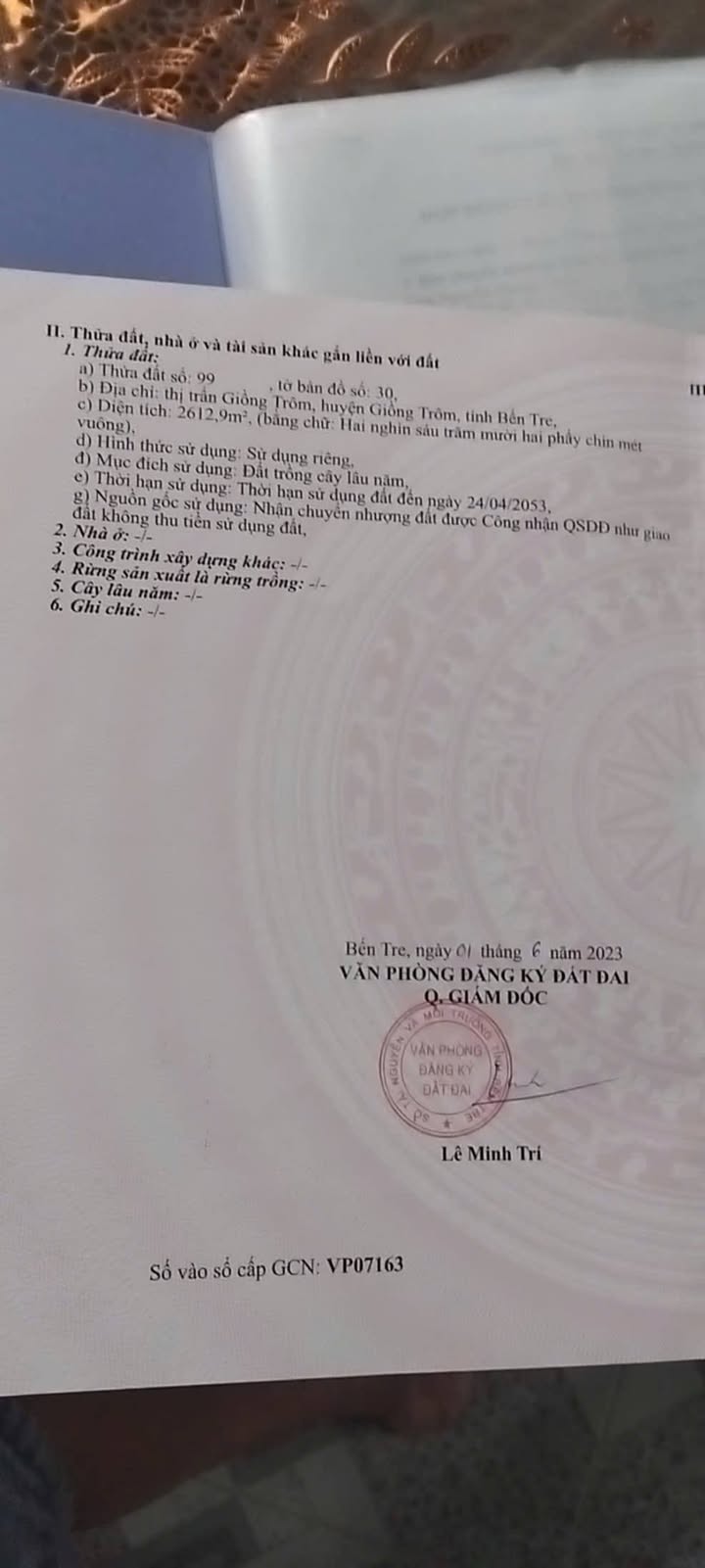 Đất vườn dừa xiêm 2.600m² tại Giồng Trôm - Giá chỉ 260 triệu!