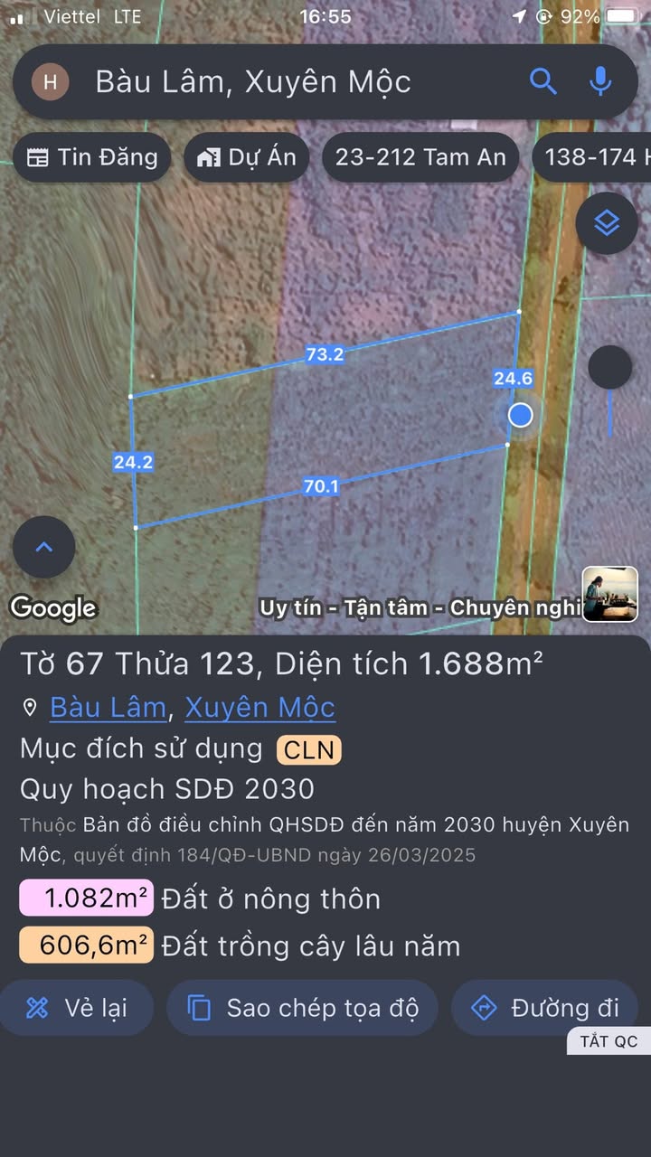Đất nền xã Bầu Lâm, Xuyên Mộc 1688m² giá 90 triệu - Pháp lý rõ ràng